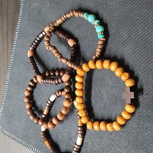 Unisex Wooden Beaded Bracelet Set with Turquoise Accents